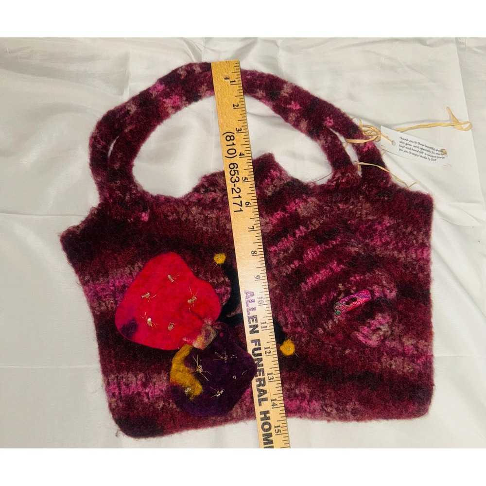 Handmade Wool Felted Boho Mushroom Bag Unique Artisan Tote Burgundy Pink - Picture 4 of 6